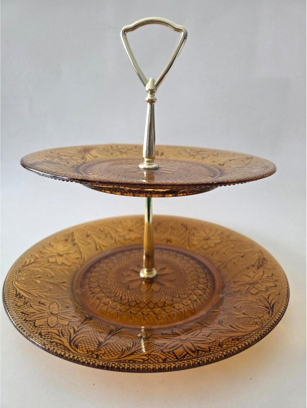 Indiana Glass Tiara Amber Glass Two Tier Vtg. Serving Tray